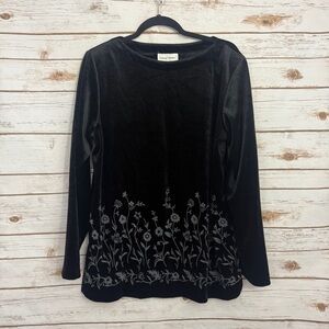 Susan Graver Black Velvet Velour Embroidered Blouse